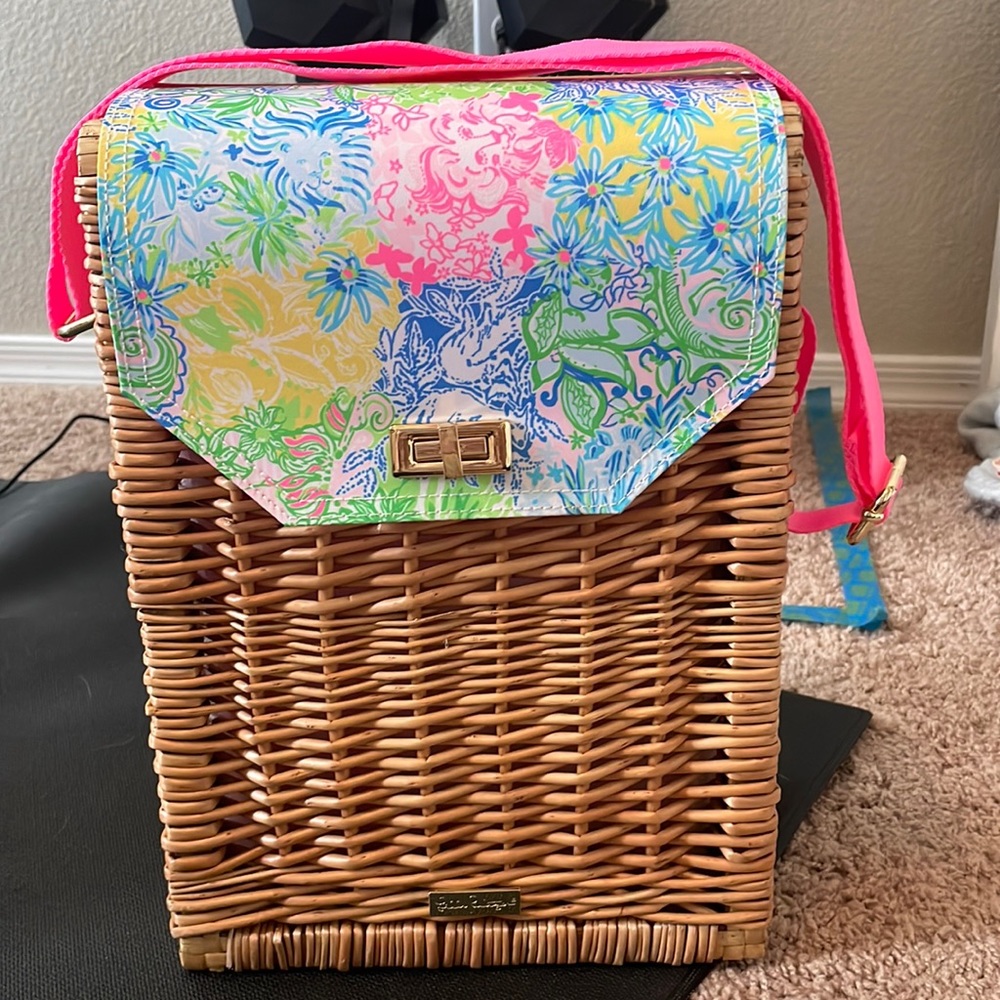 Lily Pulitzer wicker wine bottle carrier
